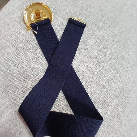 Vintage Bill Blass Round Medallion Elastic Stretch Belt 1990's Navy Blue Gold - Picture 5 of 6